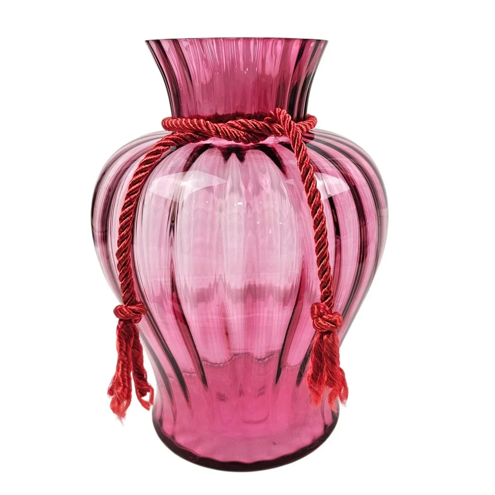 Vtg Pilgrim Art Glass Cranberry Pink Ribbed Urn Vase with Red Braid Rope Accent